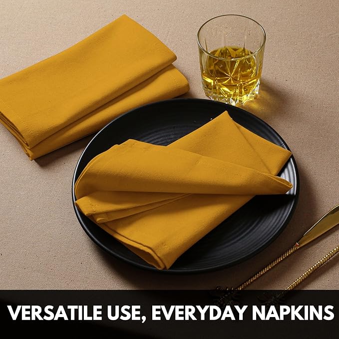 Cloth Napkin 100% Cotton 17x 17 Inches Table Napkin for Dining, Lunch, Holiday Parties & Cocktail, Decorative Washable Napkins - Mustard Yellow (Set of 12)