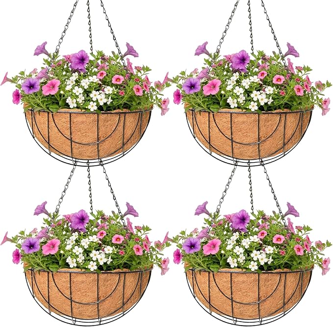 4 Pack Hanging Planter for Outdoor Plants 12 inch Metal Hanging Flower Basket with Coco Coir Liner Round Wire Plant Holder Chain Flower Pots Outdoor Garden Decoration Watering Hanging Baskets（DQ）