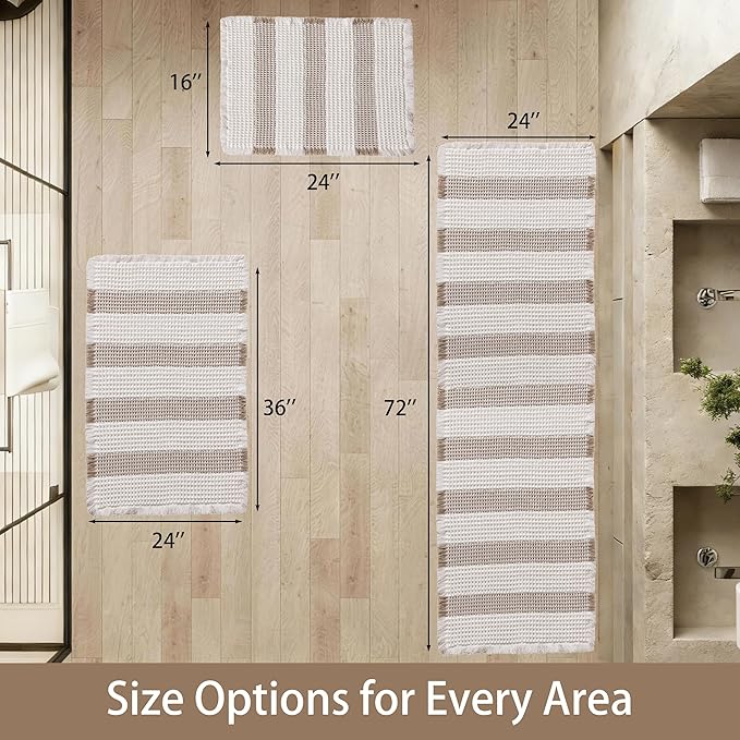 Waffle Bath Mat Non Slip, Boho Bathroom Rug, Super Absorbent Quick Dry Bathroom Mat, Soft Farmhouse Bath Rug with Tassels, Small Washable Shower Mats for Floor 16"x24", White and Taupe