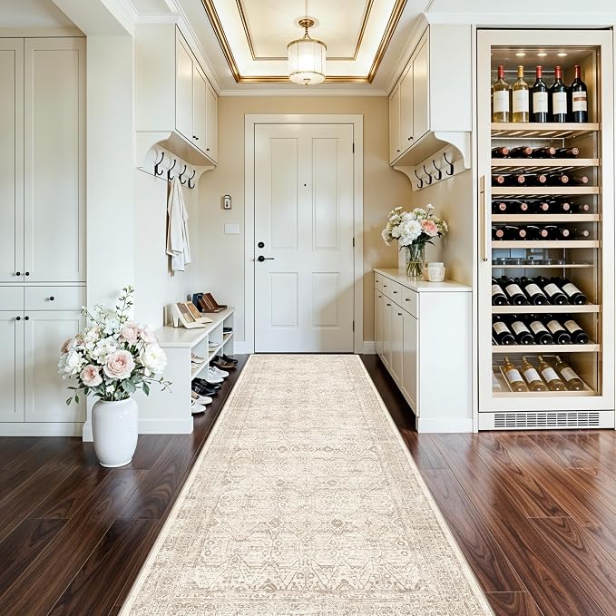 Washable Runner Rug 3x10 Hallway: Non Slip Farmhouse Kitchen Carpet with Rubber Backing for Entryway Long Soft Vintage Indoor Floor Mat for Bathroom Bedroom (Brown/Ivory 3'x10')