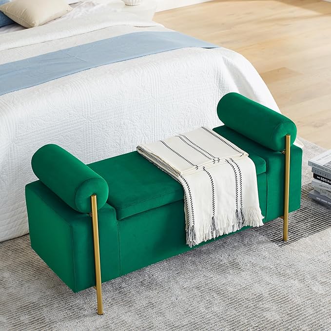 Storage Ottoman for Bedroom 44" with Safety Hinge, Upholstered Entryway Bench, Modern Linen Foot Rest with Arms,for Bedroom, Living Room, Entryway (Green)