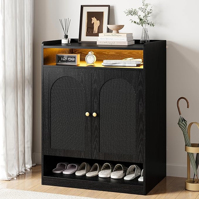 LIKIMIO Rattan Shoe Storage Cabinet with LED Light, 24 Pairs 6-Tier Shoe Cabinet Storage for Entryway with Adjustable Shelves, Farmhouse Shoe Rack Organizer for Hallway, Living Room, Black