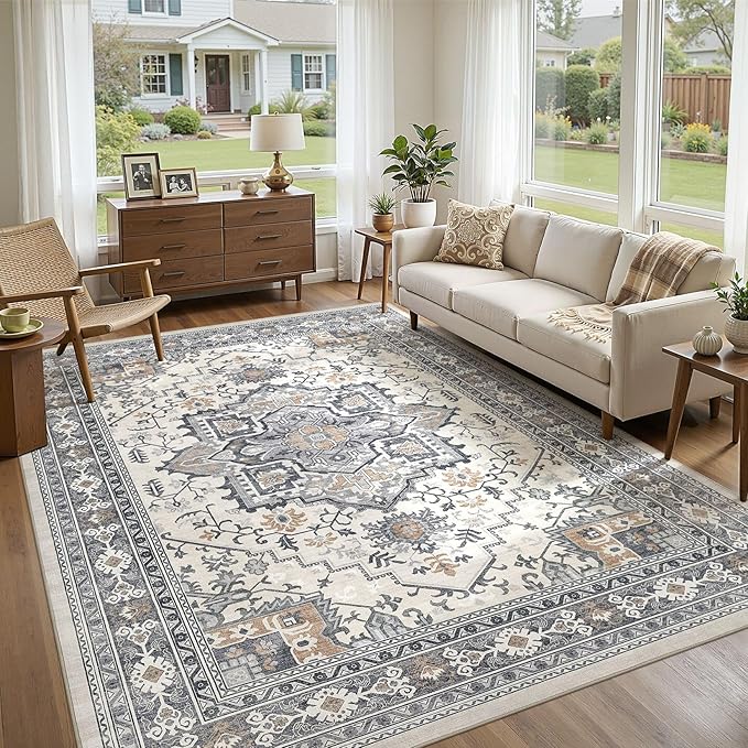 UERMEI 10x12 Area Rug Living Room Rugs - Washable Vintage Soft Large Rug Indoor Floor No Slip Rug Carpet for Bedroom Farmhouse Under Dining Table Home Office Decor - Grey-Orange