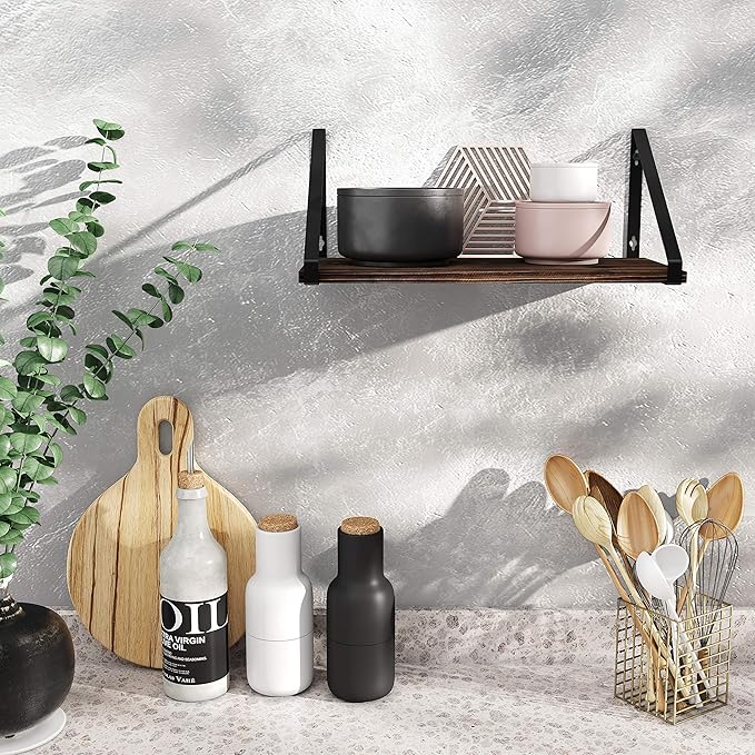 BAMEOS Floating Shelves Rustic Wood Wall Shelf Wall Mounted Shelves for Living Room, Office, and Bedroom, with Metal Bracket
