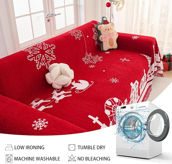 MEETSKY Christmas Couch Cover Red Sofa Slipcover for 2 Couch, Sofa Covers Washable Use Thick Soft Fabric Couch Cover for Dogs, Multi-Use Decorative Couch Protector for Pets, 71" x 118", Red
