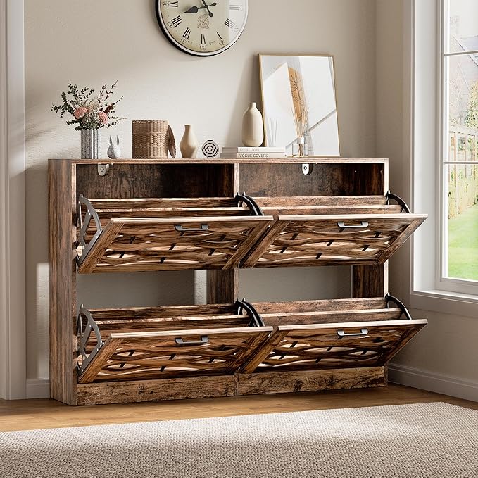 Shoe Cabinet Storage for Entryway with 4 Flip Drawers, Slim Shoe Rack Cabinet with Stylish Handwoven Panel, Farmhouse Shoe Organizer Cabinet for Hallways, Living Rooms, Rustic Brown