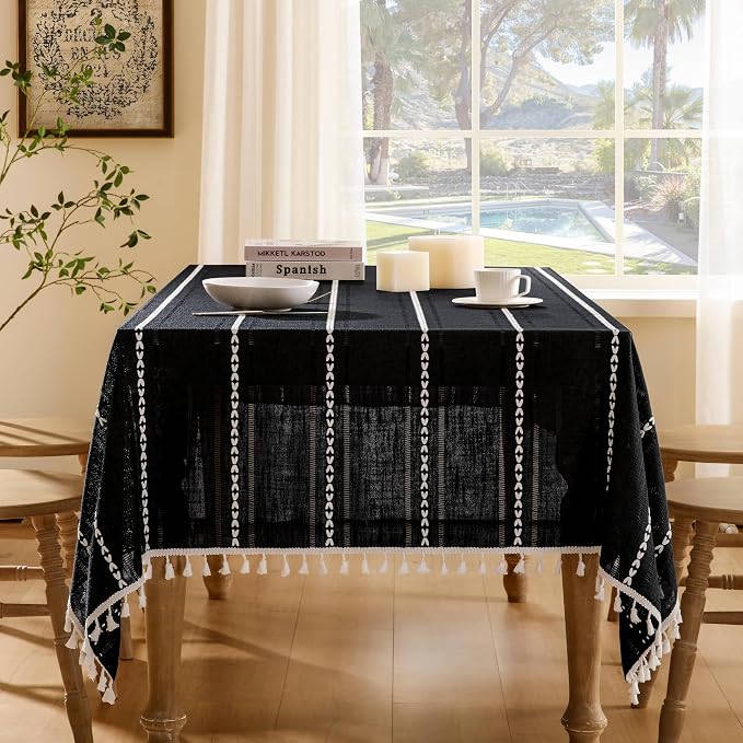 ZeeMart Hemstitched Embroidery Striped Boho Tablecloth 60x60 Inch Black, Heavy Weight Farmhouse Burlap Linen Black Tablecloth, Wrinkle Resistant Washable Table Cloth for Square Table