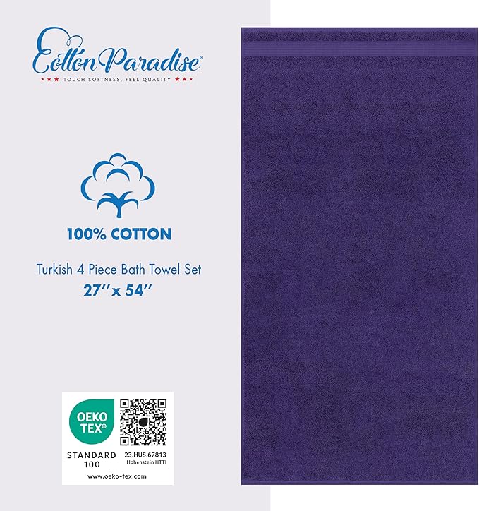 Cotton Paradise 100% Cotton Turkish Towel Set, Soft Absorbent Quick Dry, 4 Piece Bath Towel Set, Violet Purple
