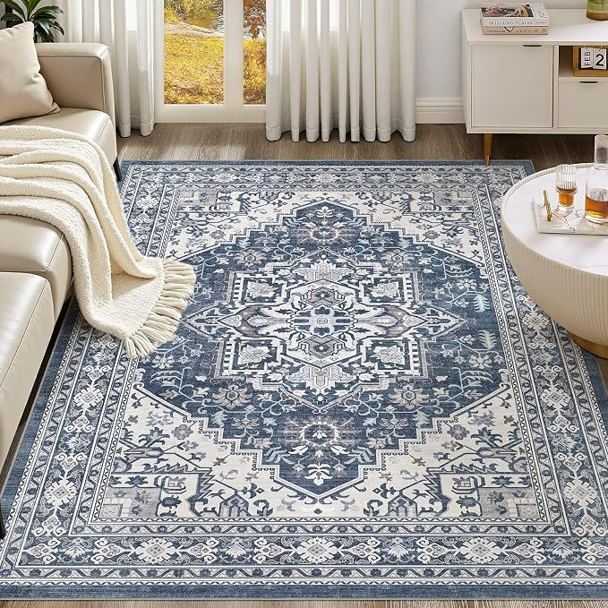 UERMEI 6x9 Area Rug for Living Room - Washable Vintage Carpet, Non-Slip Soft Large Indoor Floor Rugs for Bedroom Home Office & Under Dining Table Decor, Denim Blue/White