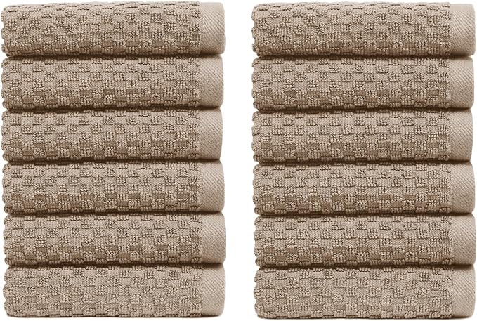 COTTON CRAFT Euro Spa Waffle Wash Cloth - Set of 12 Luxury Pure Ringspun Cotton Waffle Weave Bathroom Face Towel - Everyday Absorbent Hotel Gym Shower Beach Kitchen Travel Dorm - 12x12 inches - Linen