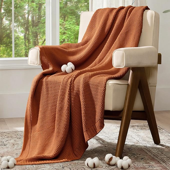 100% Cotton Cable Knit Throw Blanket, Lightweight Soft Knit Blanket for Sofa Couch Bed, Breathable All-Season Throw, Cozy Decorative Blanket, 50 x 60 Inch,Burnt Orange