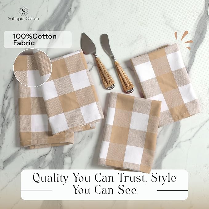 Buffalo Plaid Cloth Napkins, Set of 4, Soft, Durable, Wrinkle Free Fabric Napkins, Checked Napkins for Dinner, Wedding, Restaurant, Buffet, Party, Christmas - Beige, White (16"x16")