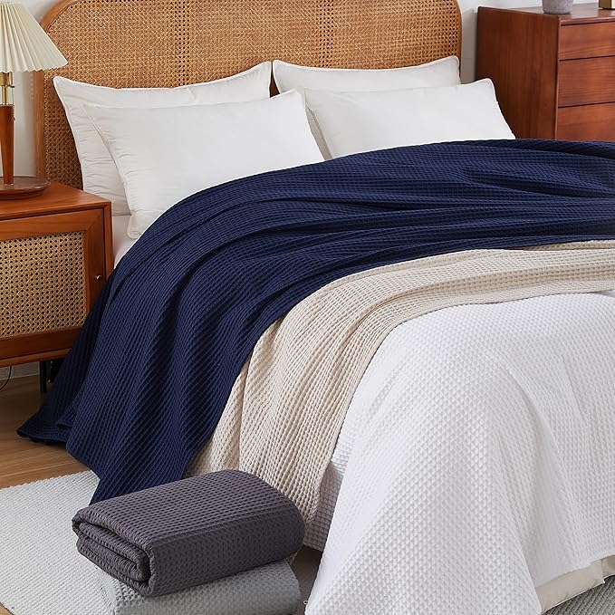 100% Egyptian Cotton Waffle Weave Throw Blanket for Bed Couch Sofa Home Decor, Soft Lightweight Bed & Couch Blanket for All Seasons (Navy Blue - Twin Size - 66 * 90")