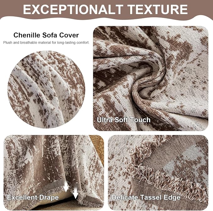 VClife Boho Couch Cover, Non Slip Soft Couch Covers for 2 Cushion Couch Sofa Pet Friendly, Irregular Vintage Brown Off-White Scraped Texture Furniture Protector Sofa Slipcover for Dog, 71" X 118"
