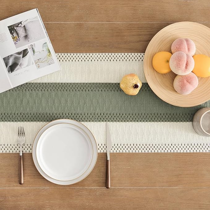 ZeeMart Macrame Style Bicolor Stitching Table Runner, 14 x 36 Inch Green/Ivory, Boho Sage Green Table Runners 36 Inches Long, Farmhouse Woven Home Decor