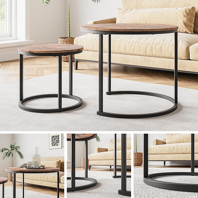 HOJINLINERO Round Coffee Table,Nesting Coffee Table Set of 2,Center Tables for Living Room,Office, Home Small Space,Stacking Side Tables,Sturdy and Easy Assembly,Wood Desktop,Rustic Brown,Small