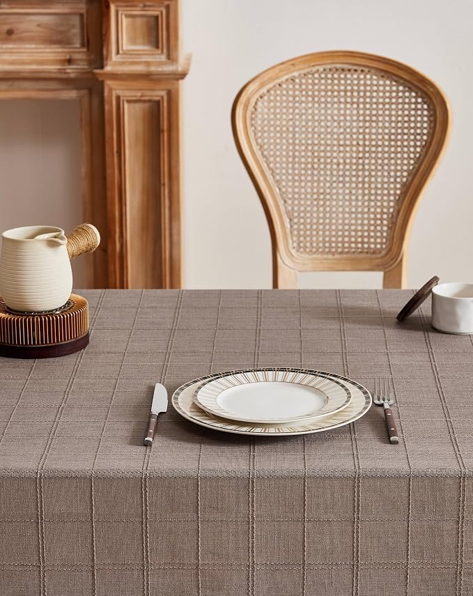 ZeeMart Linen Checked Table Cloth 60x104 Inches (Fit 6ft–7ft, Narrow Fit 8ft Rectangle Table), Farmhouse Style Plaid Embroidered Water Resistant Table Cover, Cocoa Brown