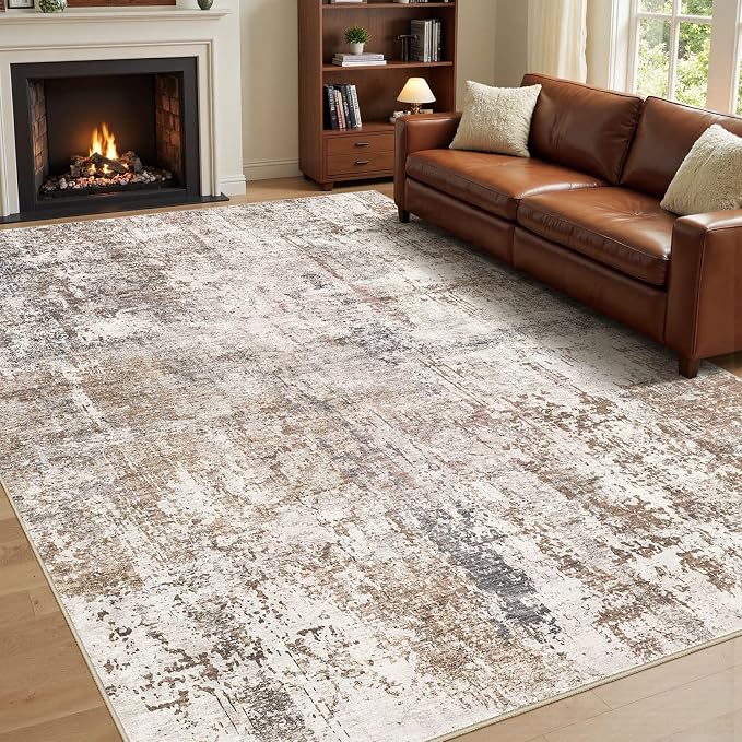 UERMEI Area Rug Living Room Rugs - Washable Neutral Modern Abstract Soft Thin Rug Indoor Floor No Slip Rug Carpet for Bedroom Under Dining Table Home Office Decor - Brown/Grey/Red - 6x9