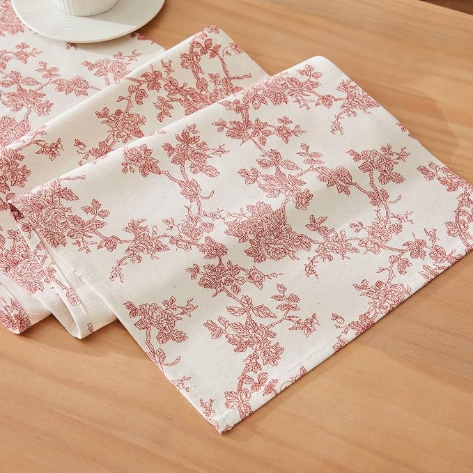 100% Cotton French Pastoral Table Runners, 13x90 Inch red Farmhouse Table Runners 90 Inches Long, Vintage Flowers Print Home Decors