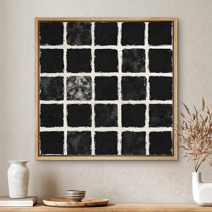 SIGNWIN Framed Canvas Print Wall Art Geometric Black Square Grid Landscape Abstract Shapes Illustration Modern Art Decorative Boho Relax/Zen Nordic for Living Room, Bedroom, Office - 24"x24" Natural