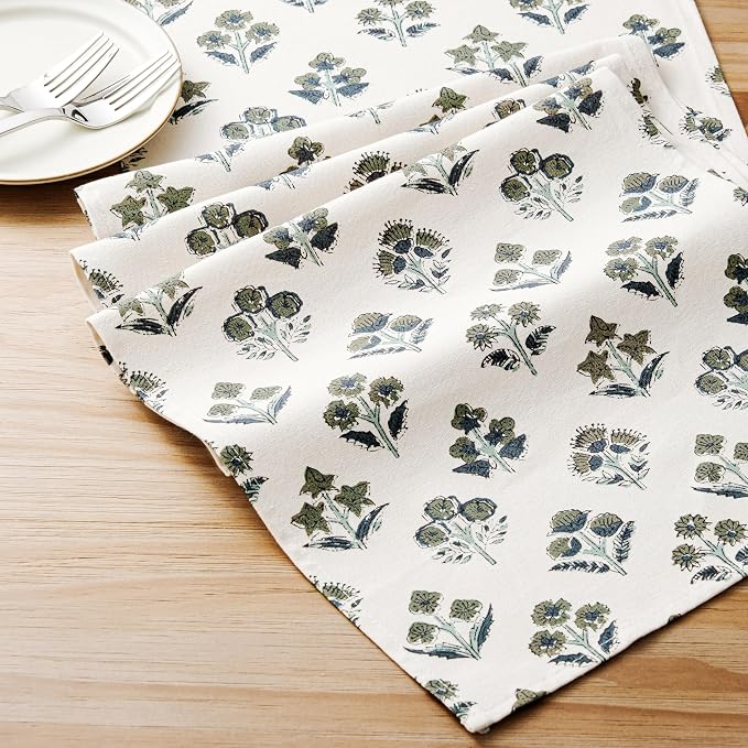 100% Cotton Block Print Floral Table Runners, 13x48 Inch Olive Farmhouse Table Runners 48 Inches Long Boho Flowers Home Decors
