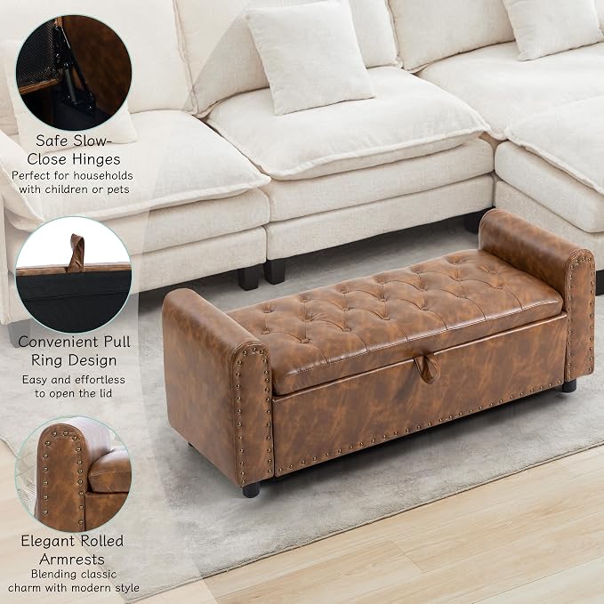 Ottoman with Storage, Tufted Storage Bench for Bedroom, 48" PU Leather End of Bed Bench, Upholstered Entryway Shoe Benches with Rolled Arm & Inner Zipper, Window Ottomans Chest with Rivets, Brown