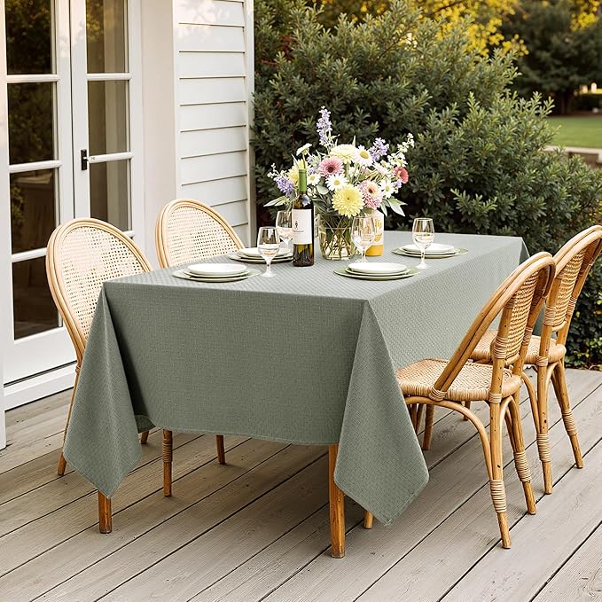 MIULEE Olive Green Linen Cotton Table Cloth Rectangle Tablecloth Spring Waterproof Spillproof Cross-Star Textured Table Cloth Decorative Farmhouse Style for Dining Party Weddings 52x70 Inch