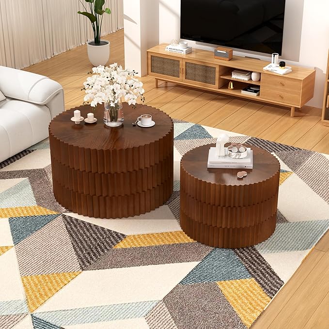 Round Nesting Coffee Table Set of 2 Modern Fluted Coffee Table Walnut Round End Table Small Side Table Circular Coffee Tables Circle Nested Coffee Tables for Living Room (Brown Large)