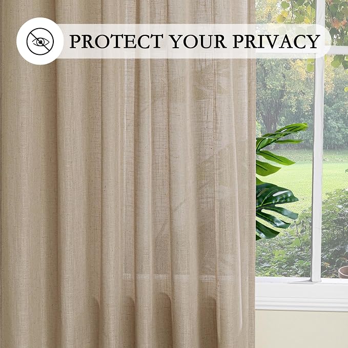 MYSKY HOME Taupe Sheer Curtains 63 inch Length Semi Sheer Curtains for Bedroom Light Filtering Short Window Treatment Privacy Protect Boho Farmhouse Soft Drapes Set, Back Tab, 50" Wide, 2 Pieces