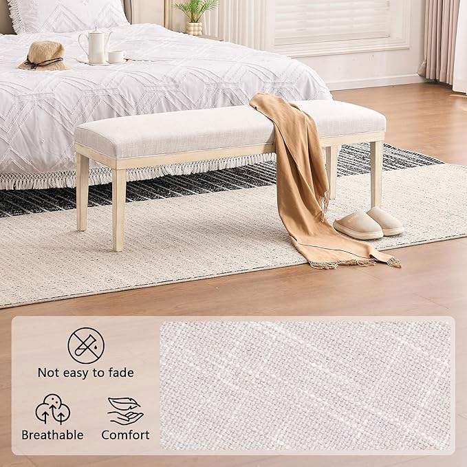 Rowill 53 Inch Long Entryway Bench for Bedroom End of Bed, Dining Room Bench with Upholstered Padded Seat and Solid Wood Leg for Kitchen, Living Room, Indoor and Hallway, Beige