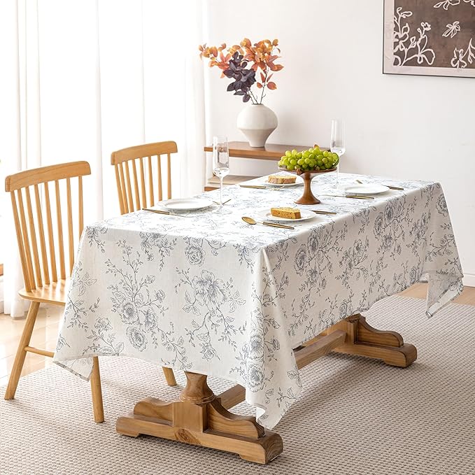 Floral Linen Tablecloth 55 x 96 inch Wrinkle Resistant Vintage Farmhouse Tablecloth 8 FT Black Pattern Printed on Cream Table Cloth Rectangle Cottage Burlap Fabric Table Cover Home Decor Holiday