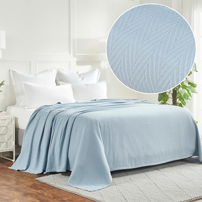 Superior Metro All-Season Cotton Blanket, Woven Blanket for Couch, Bed, Bedding, Farmhouse, Home Essentials, Cute and Cozy Bohemian Blankets, Herringbone Weave, Throw Size, Light Blue
