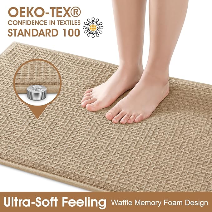 ACCUMTEK Memory Foam Bath Mat, Ultra Soft Absorbent Waffle Bathroom Rugs, Super Non-Slip PVC Backing Bath Rug Quick Dry, Machine Washable Rug for Tub, Shower, Home Decor Accessory, 32" x 20", Beige