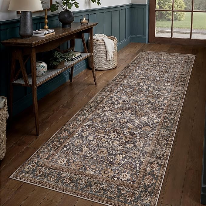 HUGEAR 3x10 Runner Rug Machine Washable Tradition Brown Hallway Area Rug Indoor Accent Rug Floral Low Pile Carpet Soft Throw Rug Bedroom Living Room Office Dining Room Kitchen Laundry Room Non Slip