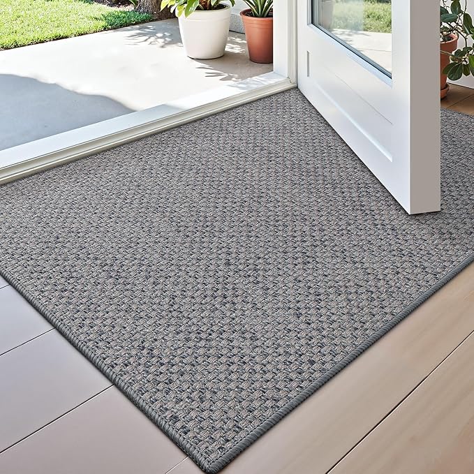 DEXI Ultra Thin Door Mat Indoor Entrance 17x30, Non Slip Rubber Backed Entryway Mats Dirt Trapper, Low Profile Front Doormat for Inside Entry, Patio, Porch, Grey