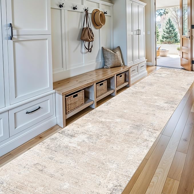 3x20 ft Extra Long Hallway Runner Rug - Non-Slip Washable Floor Runner with Rubber Backing, Modern Low Pile Thin Wide Carpet for Entryway, Kitchen, Living Room (Beige Grey, 3x20)