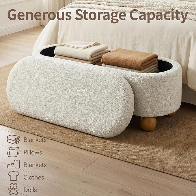 VKNOW 44.8" Storage Ottoman Bench End of Bed Bench, Thickened Upholstered Blanket Chest for Living Room, Entryway Bench with Cute Spherical Solid Wood Stool Legs for Bedroom, Beige