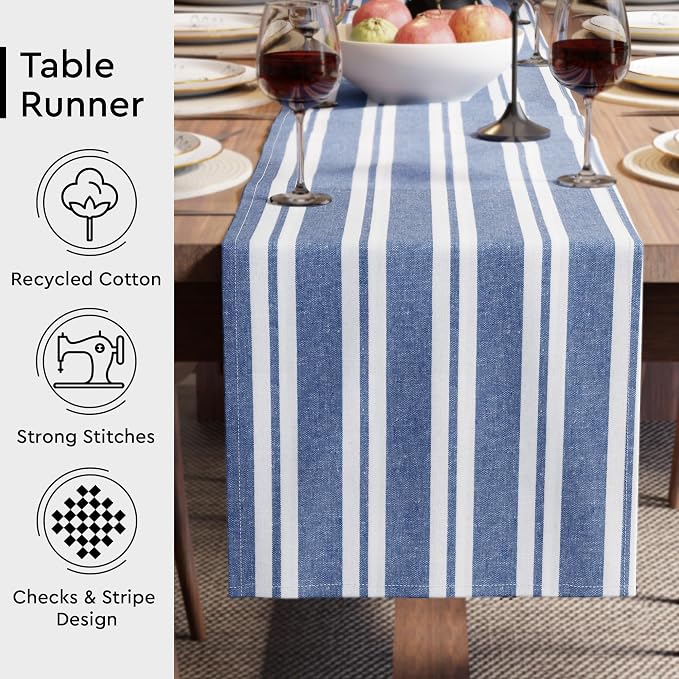Encasa XO Cotton Dining Table Runner | Franca Blue Stripes | Size 13x48 in - Machine Washable & Durable