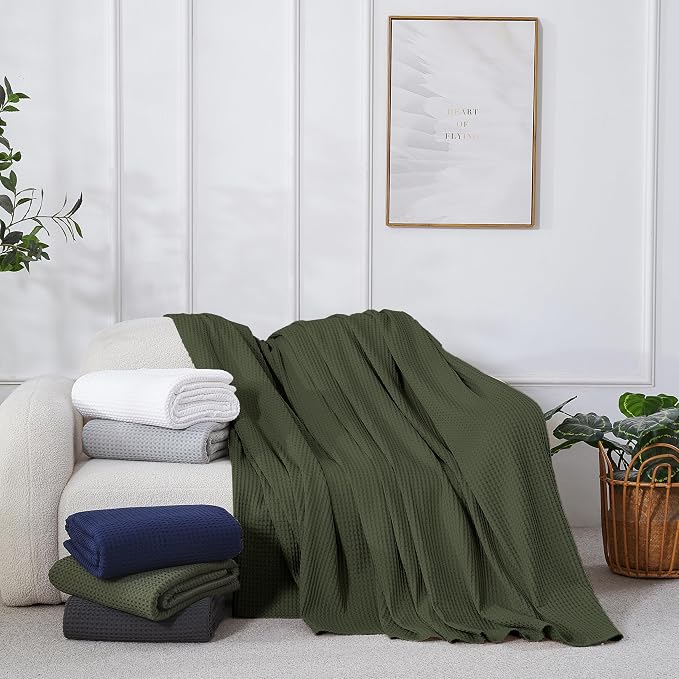 100% Egyptian Cotton Waffle Weave Blanket Twin Size for Bed, 320 GSM - Breathable and Soft for Spring Summer, Lightweight All Season Bed Blanket for Couch, Sofa (66x90 Inches, Olive Green)