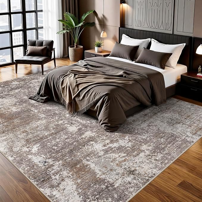 Large Washable Living Room Rug 10x14 – Modern Neutral Abstract Area Rug for Bedroom Dining Room – Soft Non-Slip Low Pile Carpet Indoor（Brown Beige,10x14）