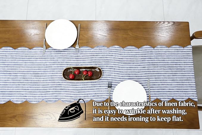 100% Natural Linen Rustic Scalloped Embroidery Table Runner 48 Inches, Linen Table Runner 14 x 48 Inch Ideal for Dresser and Dining Tables Decor, 2-4 Sets, Blue Stripe(Edges-Blue)