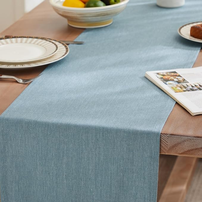 ZeeMart Rustic Cotton Linen Table Runner, 13x108 Inches River Blue, Farmhouse Style Blue Table Runners 108 Inches Long, Washable Kitchen Dining Table Decoration for Home Party Decor