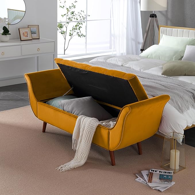 65" Velvet Storage Bench, Vintage Bed Bench with Storage Upholstered Rolled Armed Button Tufted Entryway Bench for Bedroom End of Bed, Living Room, Entryway, Hallway, Dressing Room (Yellow)