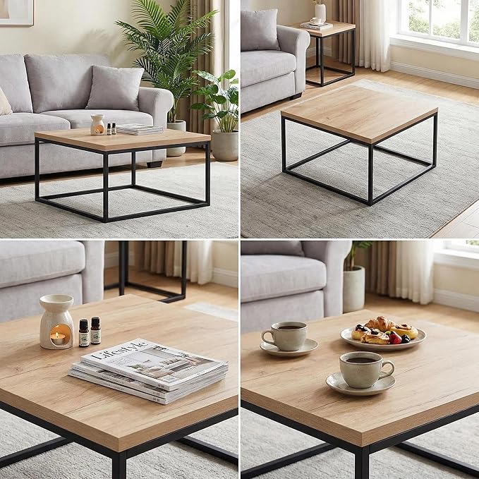 CENSI 30" Square Coffee Table, Natural Oak Light Wood Center Table for Living Room, Modern Industrial Farmhouse Cocktail Table, Extra Thick 1.2" Top with Sturdy Metal Frame, Scandi Style