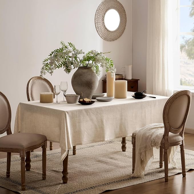 Linen Tablecloth for Rectangle Table 60x84 Inch Light Tan, Farmhouse Style Beige Tablecloth, Water Resistant Burlap Tablecloths for Dining Table Farmhouse Kitchen