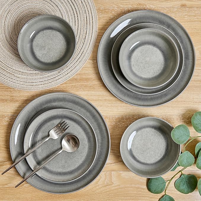 Sango Asher 12-Piece Stoneware Dinnerware Set for 4, Grey Ceramic Plates and Bowls Sets, Modern Dish Set with Reactive Glaze, Durable Kitchen Dishes for Casual Dining, Microwave & Dishwasher Safe
