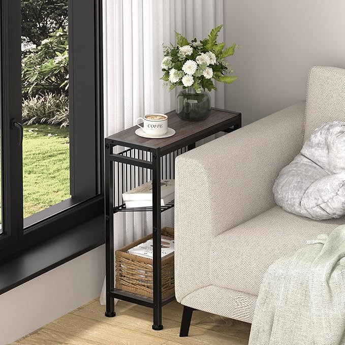 Small Side Table Set of 2 for Small Space, 3-Tier Narrow End Tablewith Magazine Holder,SmallNightstand, Skinny Snack Couch Table in Living Room, Bedroom Study and Balcony(Ash Brown)