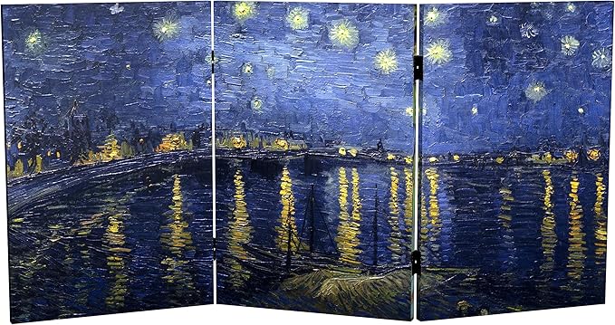 Red Lantern 2 ft. Short Double Sided Works of Van Gogh Canvas Folding Screen - Irises/Starry Night Over Rhone 3 Panel Freestanding Partition Separator for Modern and Contemporary Home, Office, Dorm