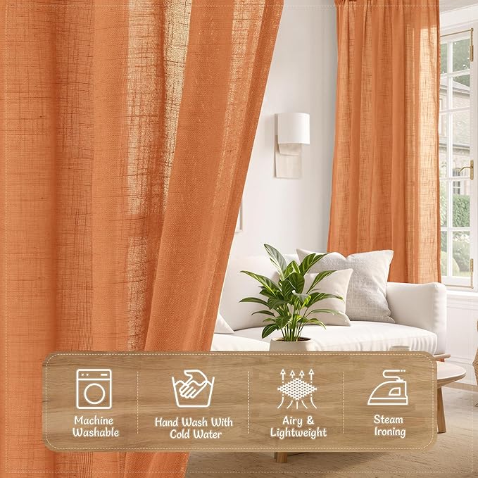 LAMIT 84 Inch Long Semi Sheer Linen Curtains for Living Room, Back Tab and Rod Pocket Window Drapes Light Filtering Farmhouse Panels for Bedroom/Dining Room, Burnt Orange, Set of 2, 52 x 84 Inch