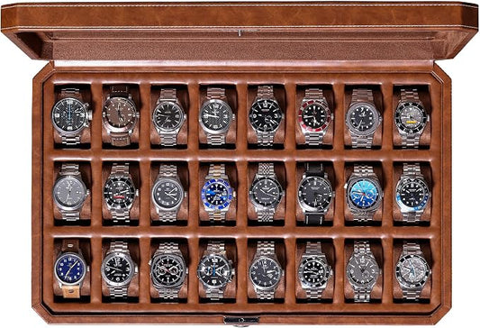 ROTHWELL 24 Slot Watch Case with Lock – Luxury Watch Box to Display and Organize Your Collection | Real Glass Top | Premium Storage for Collectors (Tan/Brown)